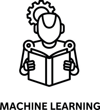 Ai technology icon vector illustration of a robot reading a book with a gear above its head, representing machine learning concept