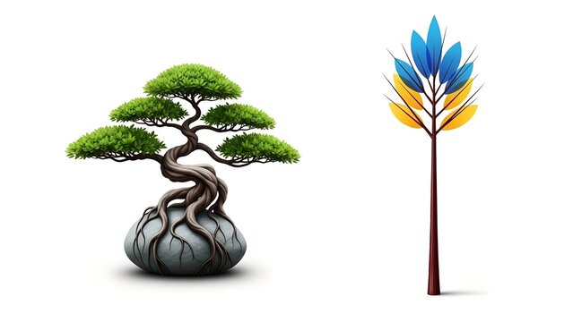 Bonsai tree and stylized ukrainian flag plant isolated on white background - Powered by Adobe