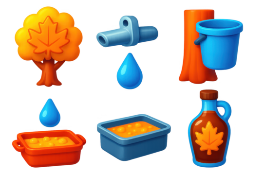 Set of icons for a game or app, including a tree, a bucket, a bottle