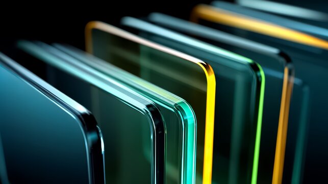 Row of glass panels with different colors and a black background. The colors are green, yellow, and blue - Powered by Adobe