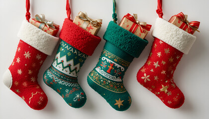 A festive collection of four hanging christmas stockings in traditional red and green colors adorned with gold snowflakes and holding small wrapped holiday gifts for seasonal decoration
