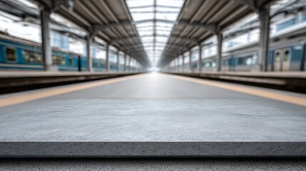 Concrete display platform with blurred modern train station view