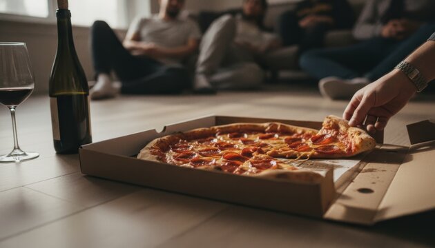 Hand taking a slice of pepperoni pizza from an open cardboard box during a casual gathering with friends enjoying red wine in a cozy, relaxed home setting