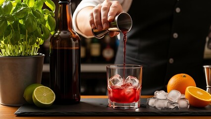 Bartender pouring cocktail into glass with ice drink alcohol red lime orange beverage liquor jigger mixology cubes basil bottle