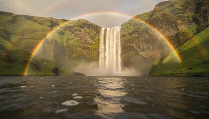 Majestic waterfall cascades down a mossy green cliff under a vibrant double rainbow, with misty spray and a flowing river creating a magical and epic natural landscape