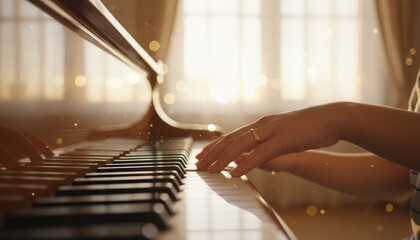 Musician's hand with a gold ring gently playing a classic wooden grand piano in warm, magical sunlight with sparkling bokeh effects, creating a serene and artistic mood