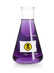 Naklejka premium Poison in conical flask isolated on white. Laboratory glassware with skull and crossbones label