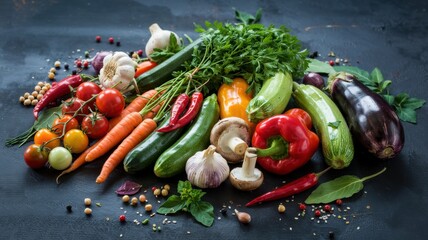 A banner of fresh vegetables on a dark slate. Cherry tomatoes, carrots, chili peppers, zucchini, garlic bulbs, mushrooms, bell peppers, eggplant and curly parsley sprigs.