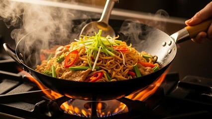 Stir-fried noodles with vegetables in a wok stir-fry asian food cooking cuisine meal dinner lunch dish hot steam chef restaurant