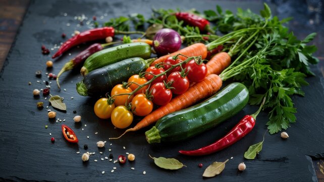 A banner of fresh vegetables on a dark slate. Cherry tomatoes, carrots, chili peppers, zucchini, garlic bulbs, mushrooms, bell peppers, eggplant and curly parsley sprigs. - Powered by Adobe