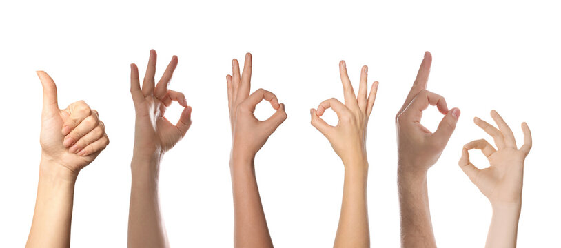 People showing thumbs-up and ok gestures on white background, closeup of hands. Collection