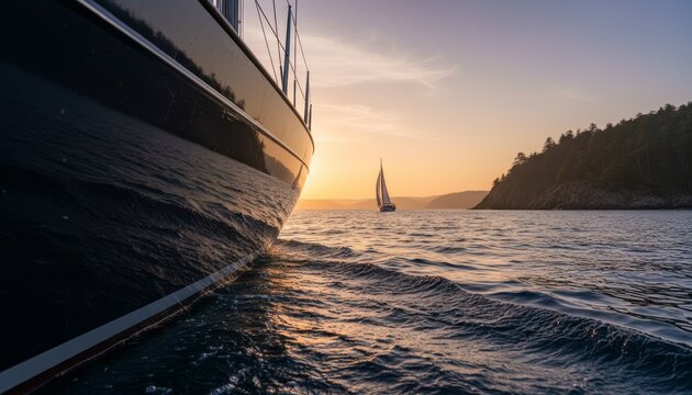 Dark modern sailboat hull glides through calm ocean water with another yacht sailing towards a forested coastline during a beautiful and serene golden sunset - Powered by Adobe