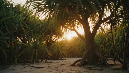 Lush green Pandanus trees with prominent stilt roots stand on a sandy tropical shore, backlit by the warm, glowing light of a serene and beautiful sunset