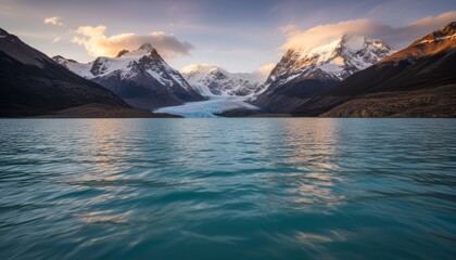 Majestic snow-capped mountains and a blue glacier are beautifully illuminated by warm sunrise light, towering over a vast, serene turquoise lake in a remote wilderness