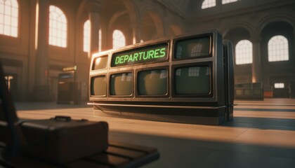 Retro-style electronic departure information board with a glowing green sign stands in a vast, empty terminal hall illuminated by warm sunlight through arched windows
