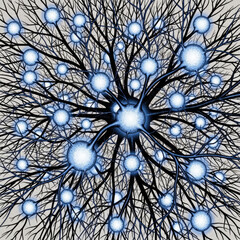 Visualisation microscopique d’un réseau neuronal complexe en bleu et noir