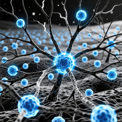 Visualisation microscopique d’un réseau neuronal complexe en bleu et noir
