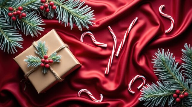 A beautifully arranged Christmas scene featuring a gift box, candy canes, and evergreen branches on red fabric.