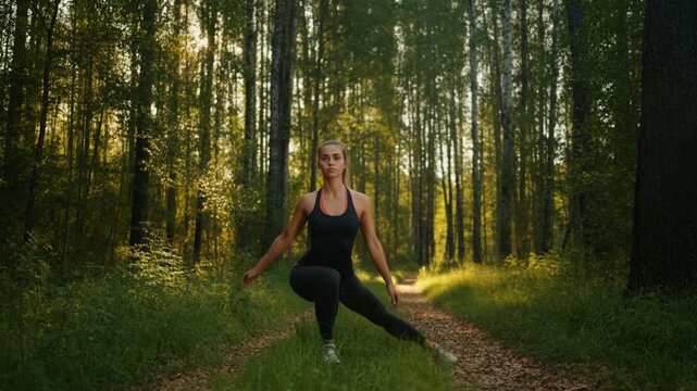 A woman doing fitness training in the forest with focus on exercise and body Stock Video