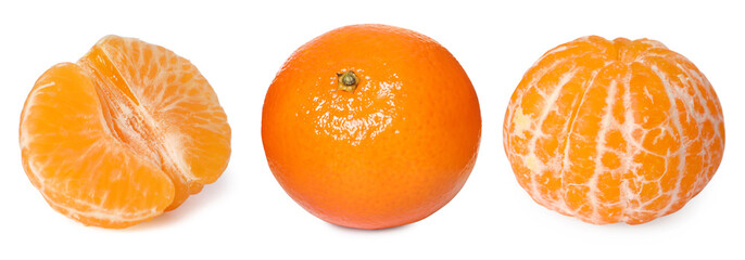 Fresh tangerines isolated on white, set. Citrus fruit