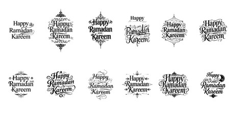 Happy ramadan typography set of black and white combo design, ramadan kareem set of lettering design seamless pattern background. 