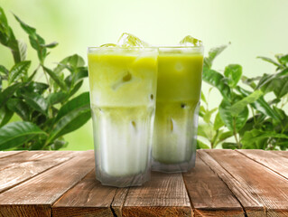 Matcha latte with ice in glasses on wooden table against green leaves