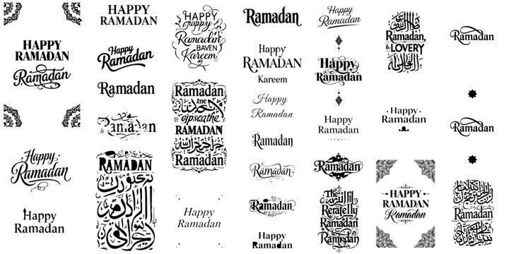 Happy ramadan typography set of black and white combo design, ramadan kareem set of lettering design seamless pattern background. 
