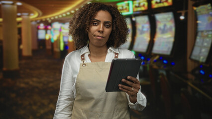 Woman holding tablet and wearing apron in casino slot area checking device under bright lights and rows of machines; quiet concentration.
