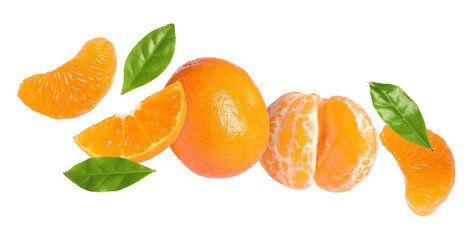 Fresh tangerines and green leaves falling on white background. Citrus fruit