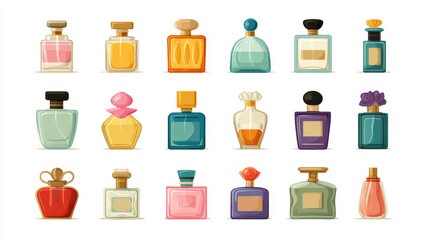 Flat-style vector illustration of a perfume icon set isolated on a white background.