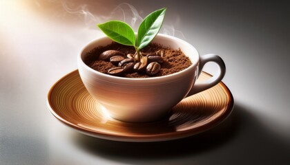 a creatively themed coffee cup filled with rich coffee bears a tiny green plant sprouting from within symbolizing the blend of nature and everyday life in an engaging artistic presentation