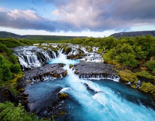 majestic waterfalls cascade over rugged rocks flowing into a vibrant blue river surrounded by lush greenery this enchanting landscape showcases the beauty of barnafoss and hraunfossar in iceland