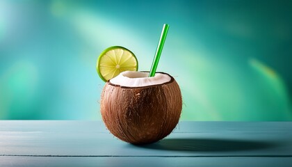 a refreshing concept of a fresh coconut with a straw and a slice of lime perfect for tropical themed designs or summer promotions exotic juice