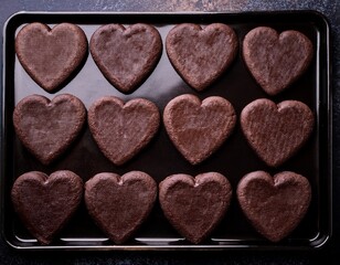 heart shaped chocolate cookies arranged artfully on baking sheet texture dark