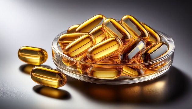 transparent capsules with golden liquid inside glass - Powered by Adobe