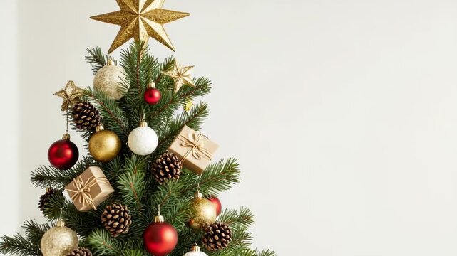 Christmas tree adorned with golden star, colorful ornaments, and pine cones, showcasing festive decorations, camera pans to reveal full scene