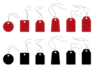 Set of hanging price tags in red and black with strings on transparent background