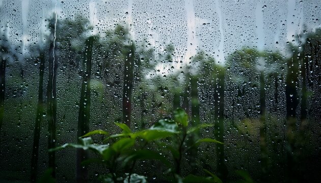 dark and moody image of rainy day with water droplets on windows blurred background of lush greenery outside reflection window