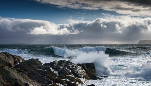 ocean waves crashing against rocky shore under cloudy sky