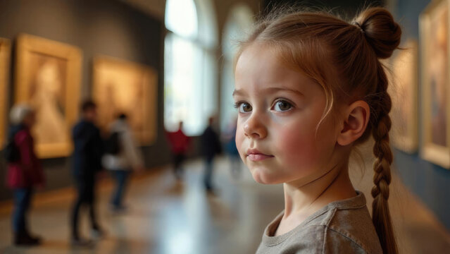 Curious European schoolgirl exploring art gallery exhibition hall on World Museum Day, portrait with classical artwork and cultural exhibits background setting - Powered by Adobe