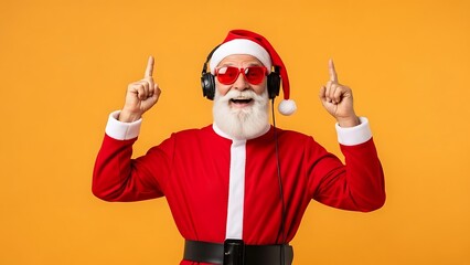 Modern Santa Claus wearing sunglasses and headphones dancing and pointing up on a yellow background