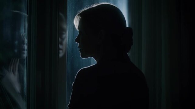 Silhouette of a thoughtful person standing indoors, with a window reflection in the background, conveying introspective moments Stock Video