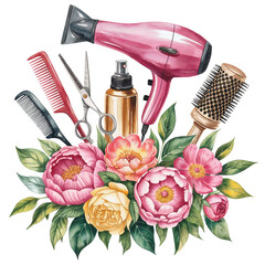 A collection of hair styling tools, including a pink hairdryer and scissors, sits atop a vibrant floral arrangement.