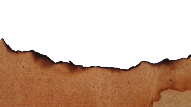 Burnt paper edge texture with charred effect on vintage parchment isolated on transparent background