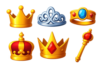 Set of crowns and a wand are displayed on a white background