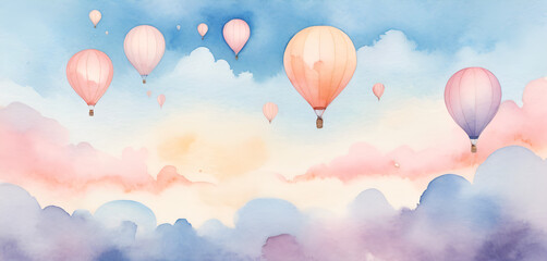 Fototapeta premium Pastel Hot Air Balloons in a Whimsical Watercolor Sky