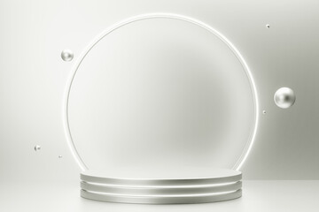 White modern podium with a subtle glow for product presentation or futuristic background. Abstract spheres floating around. Color of 2026 year dancer in the white cloud