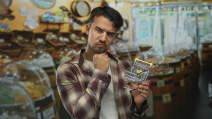 Young hispanic man in candy store holding small shopping cart contemplating colorful candies on display indoors