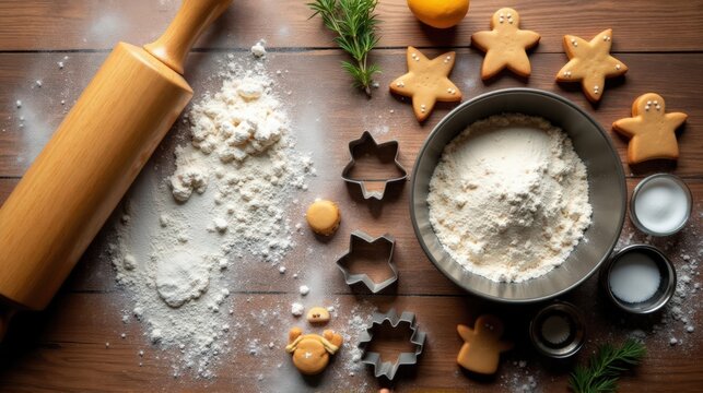 A cozy arrangement of baking tools and ingredients, including flour, cookie cutters, and gingerbread cookies on a rustic wooden surface.