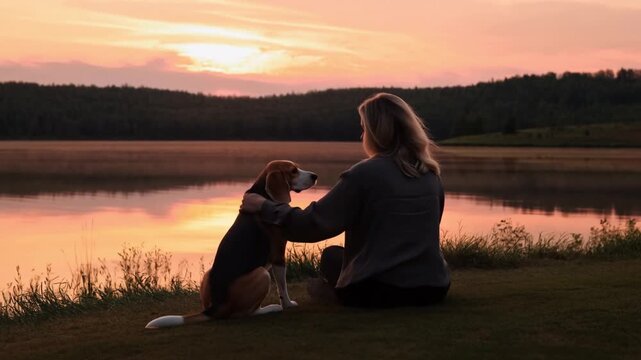 A tranquil moment of a person and their dog enjoying a serene sunset by the lake. This touching scene evokes feelings of peace and companionship.  Stock Video